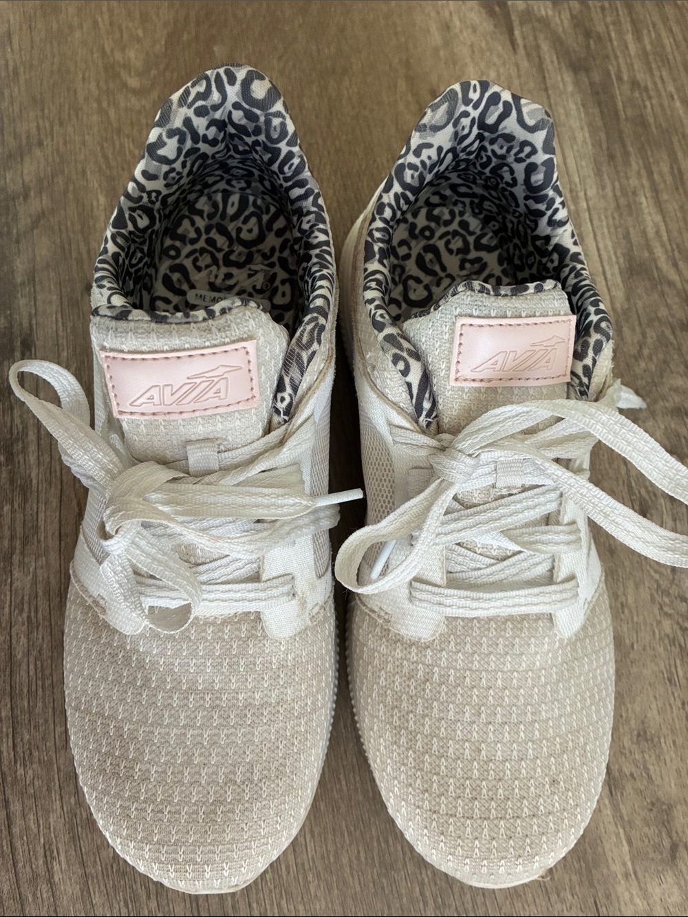 Avia Women's Knit Sneakers with Pink Logo Patch, leopard print, & white laces